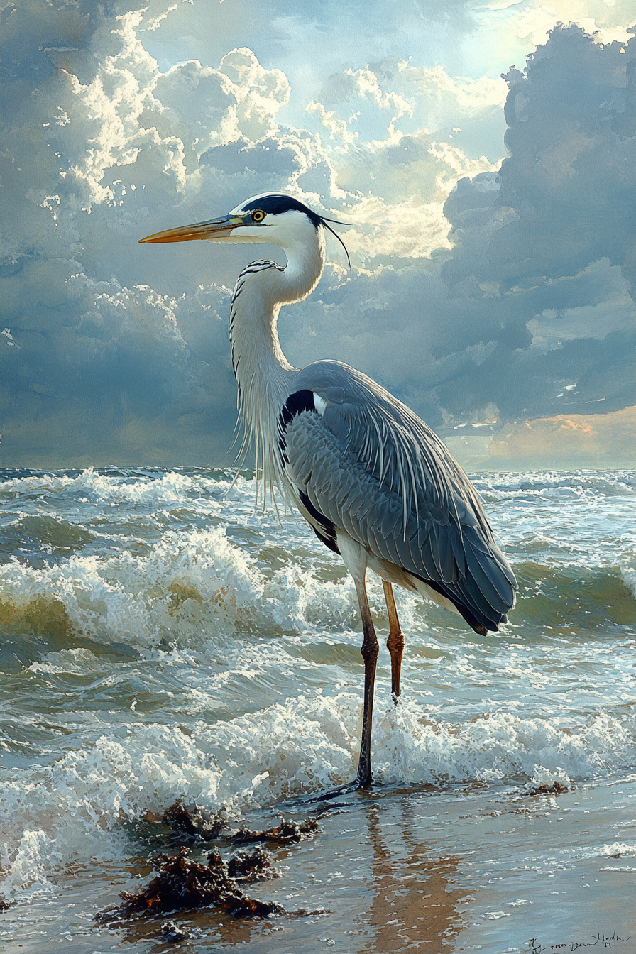 Watercolor painting of a gray heron