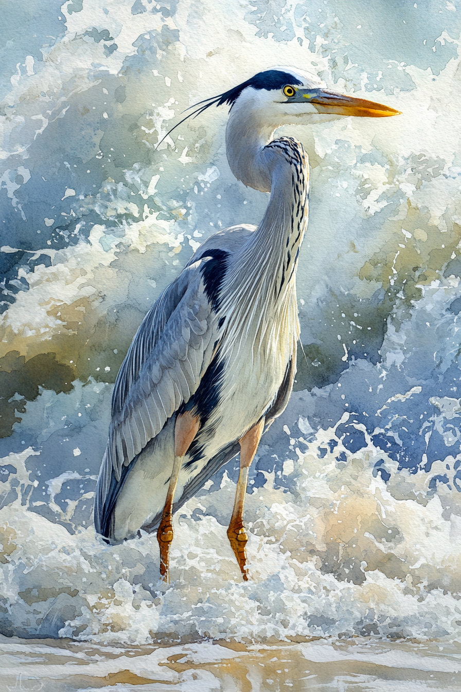 Watercolor painting of a gray heron
