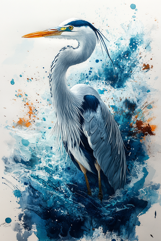 Watercolor painting of a gray heron