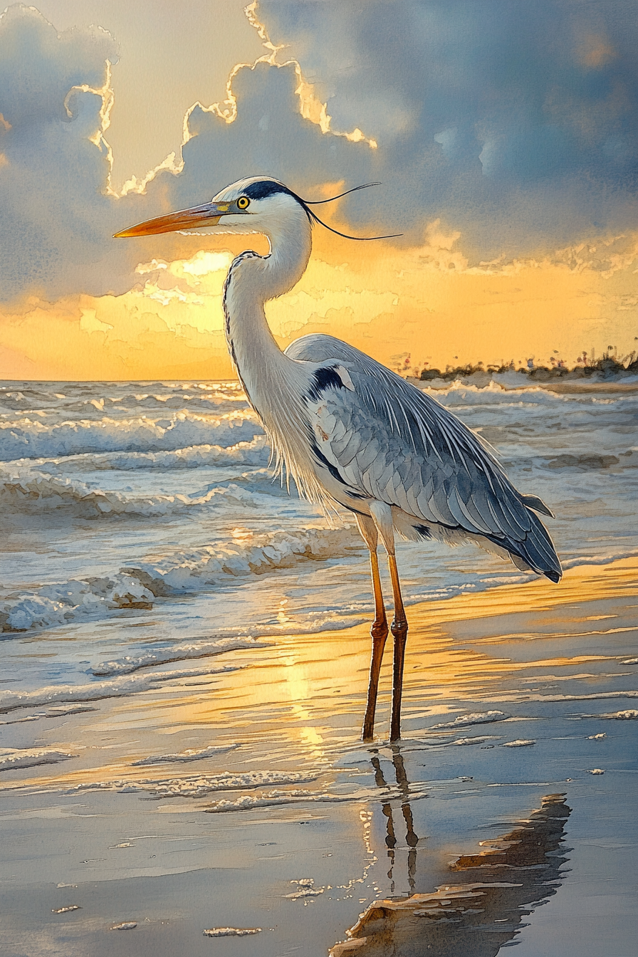 Watercolor painting of a gray heron