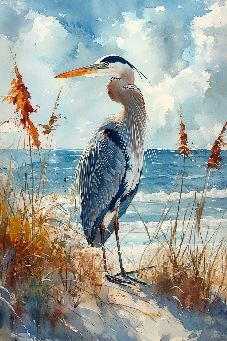 Watercolor painting of a gray heron